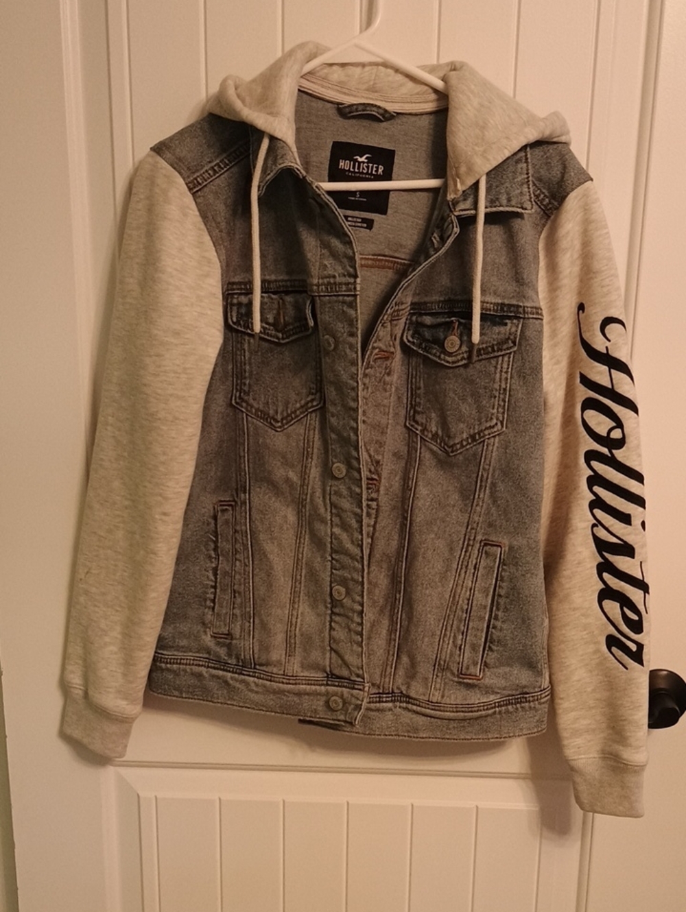 Woman's Small Hoodie Hollister Denim Jacket with Gray Sleeves